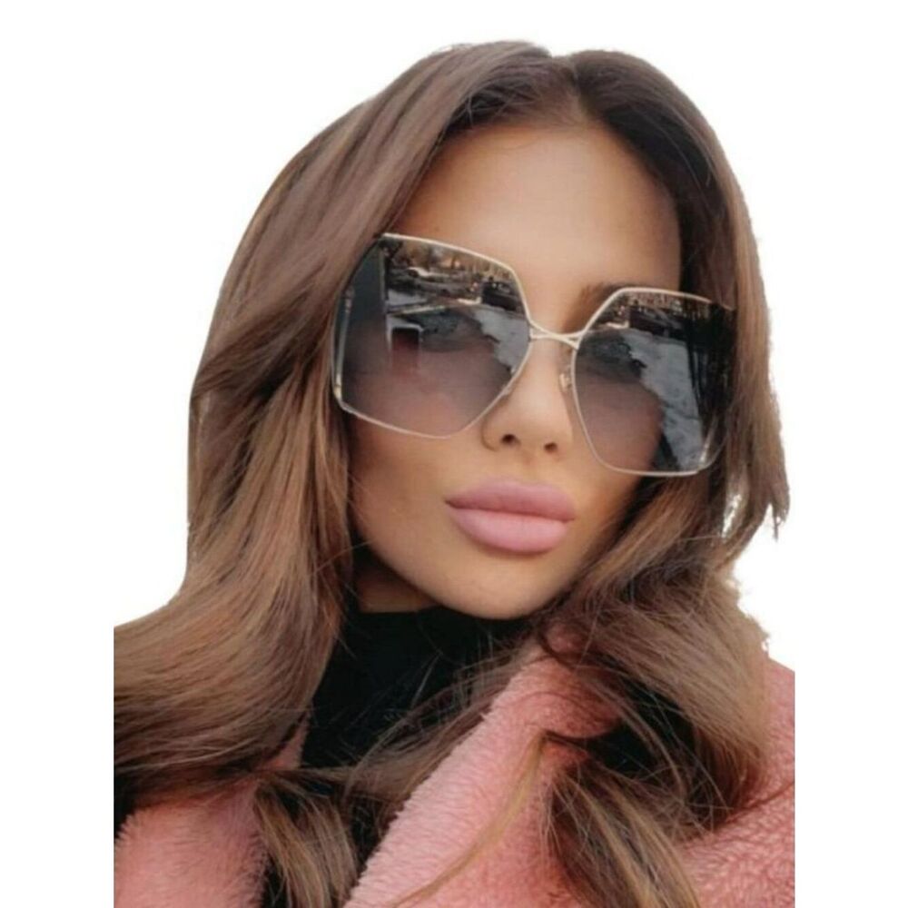 NEW Gucci Logo GG0817S 006 Gold Gray Geometric Oversized Metal Women Sunglasses